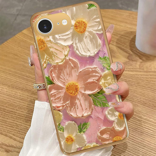 iPhone 16e - Floral Series - Design 11 - White & Green - HQ Premium Shine Durable Golden Electroplate Case