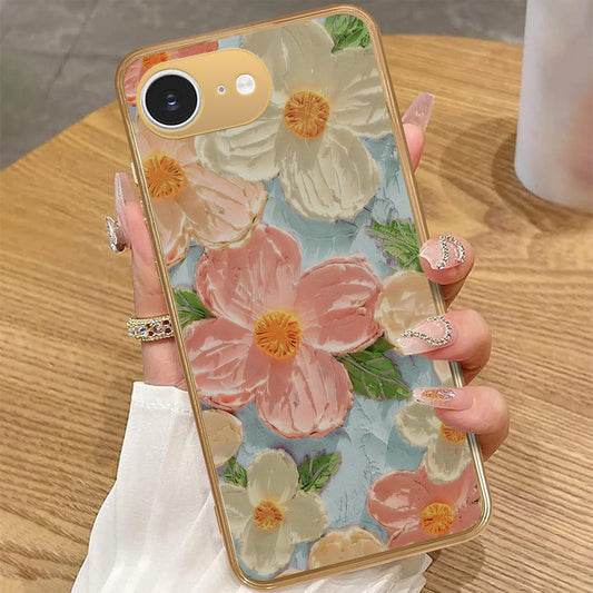 iPhone 16e - Floral Series - Design 16 - Cyan & Pink - HQ Premium Shine Durable Golden Electroplate Case