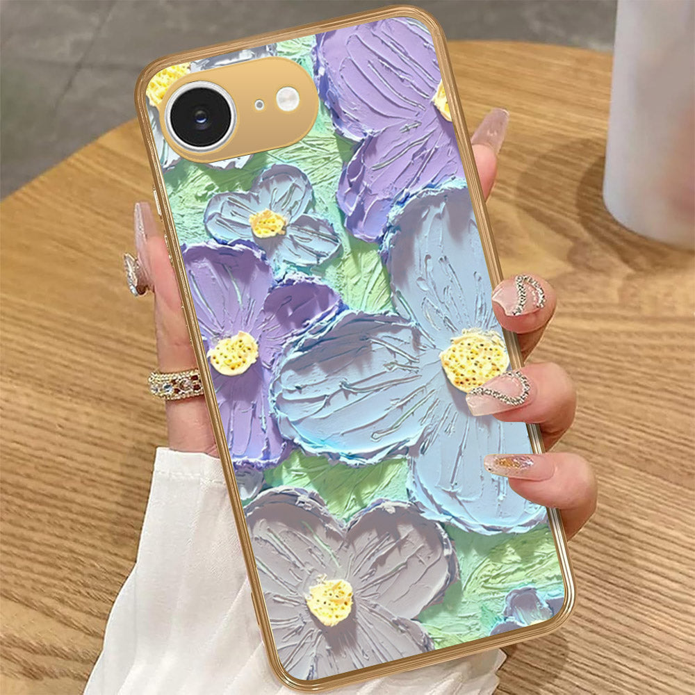 iPhone 16e - Floral Series - Design 1 - Purple & Aqua - HQ Premium Shine Durable Golden Electroplate Case