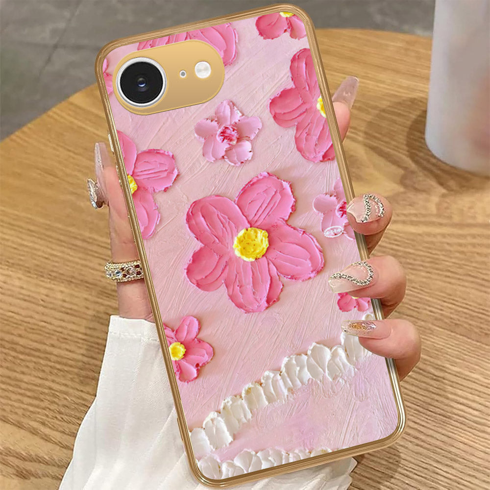iPhone 16e - Floral Series - Design 2 - Pink - HQ Premium Shine Durable Golden Electroplate Case