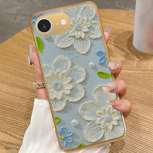 iPhone 16e - Floral Series - Design 3 - Sky Blue - HQ Premium Shine Durable Golden Electroplate Case