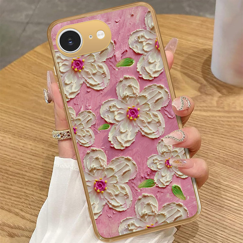 iPhone 16e - Floral Series - Design 5 - Pink & White - HQ Premium Shine Durable Golden Electroplate Case