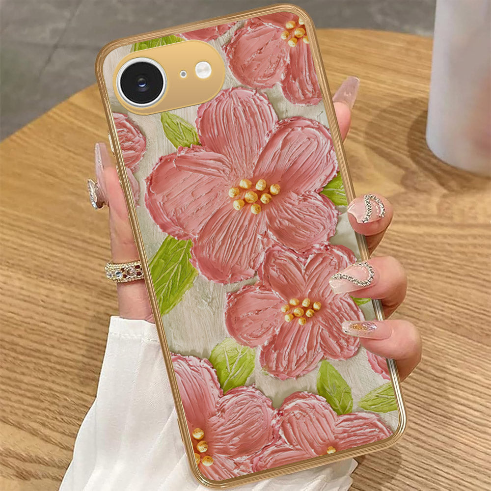 iPhone 16e - Floral Series - Design 9 - Pink & Green - HQ Premium Shine Durable Golden Electroplate Case