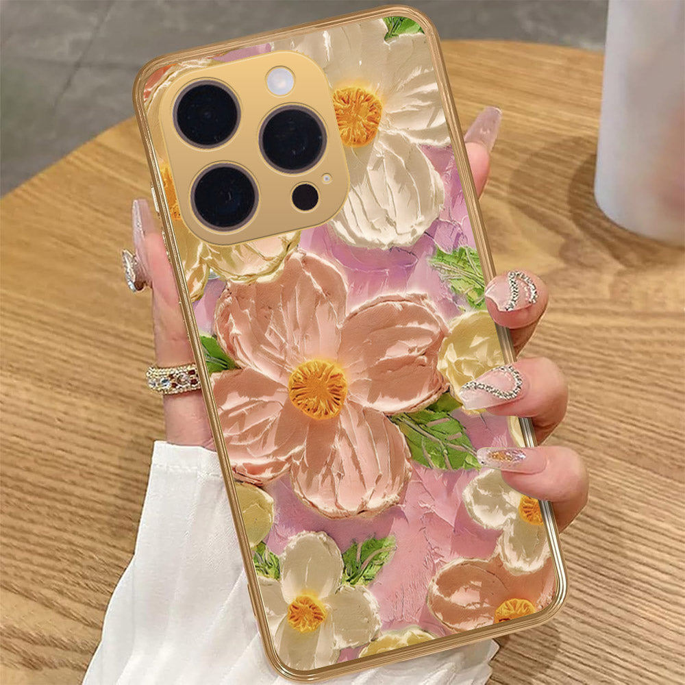 iPhone 13 Pro Max Cover - Floral Series - Design 11 - White & Green - HQ Premium Shine Durable Golden Electroplate Case