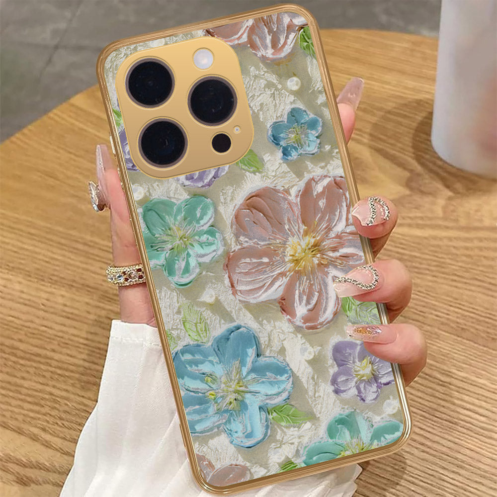 iPhone 16 Pro Max Cover - Floral Series - Design 14 - Blue & Purple - HQ Premium Shine Durable Golden Electroplate Case