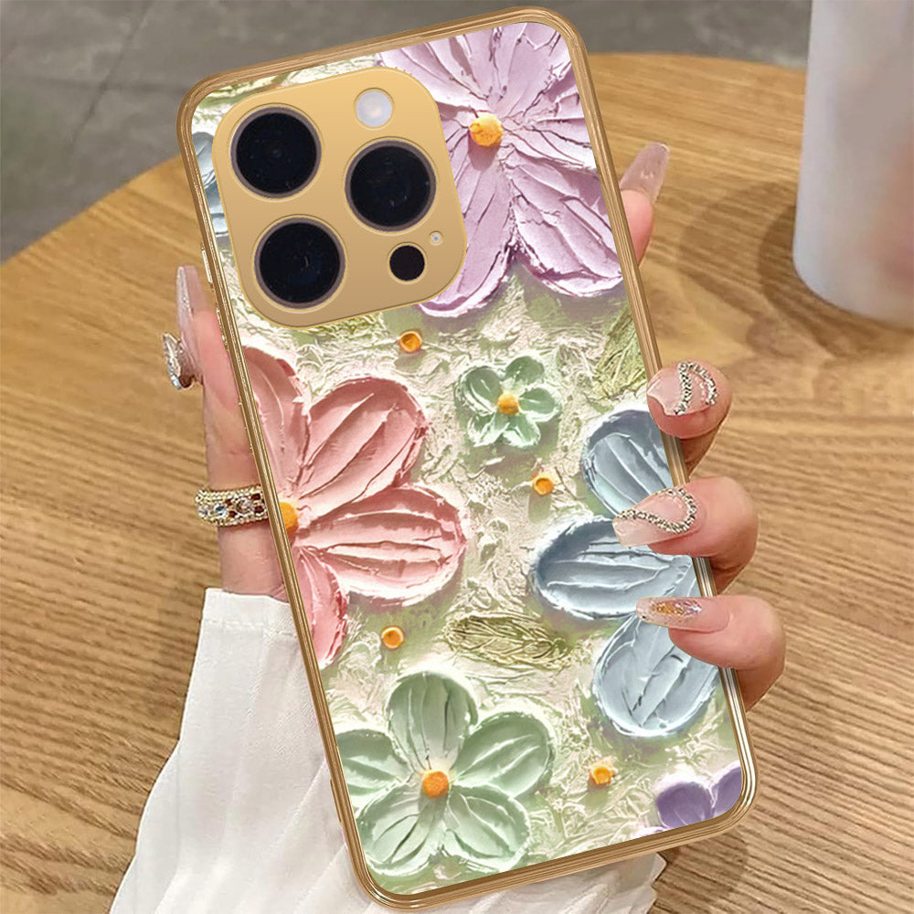 iPhone 16 Pro Max Cover - Floral Series - Design 15 - Blue & Green - HQ Premium Shine Durable Golden Electroplate Case