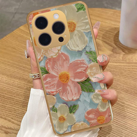 iPhone 14 Pro Max Cover - Floral Series - Design 16 - Cyan & Pink - HQ Premium Shine Durable Golden Electroplate Case