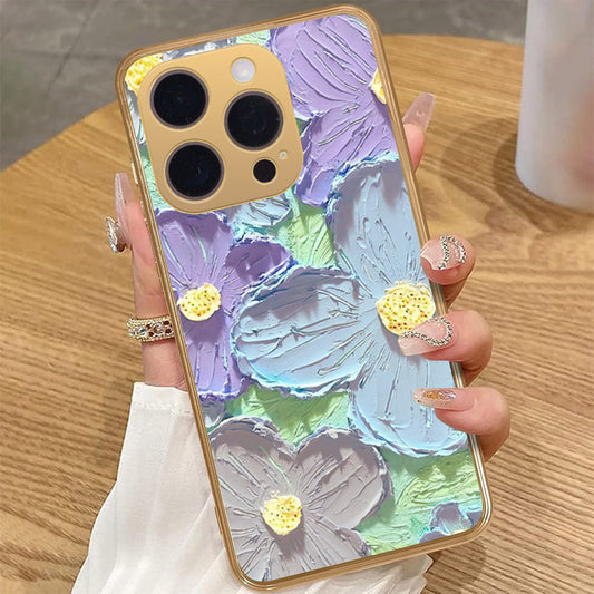 iPhone 16 Pro Max Cover - Floral Series - Design 1 - Purple & Aqua - HQ Premium Shine Durable Golden Electroplate Case