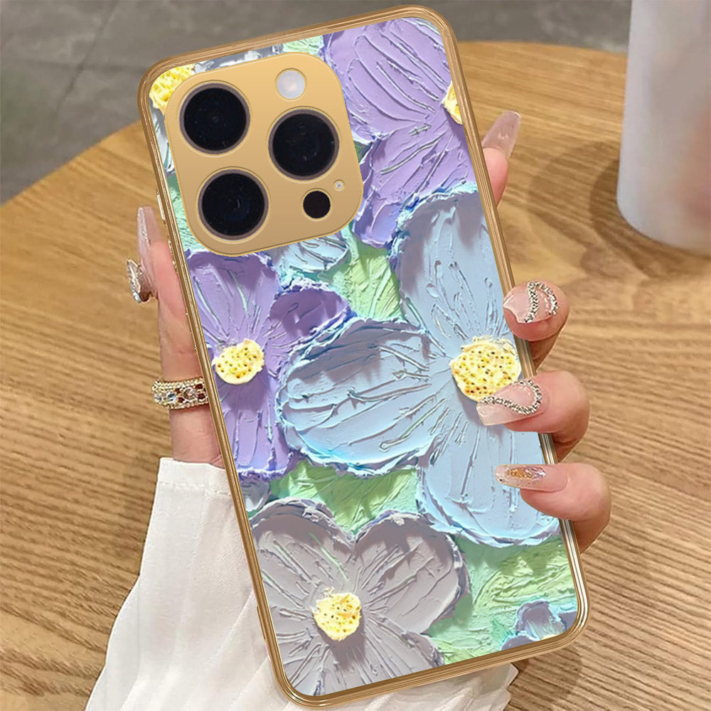 iPhone 13 Pro Max Cover - Floral Series - Design 1 - Purple & Aqua - HQ Premium Shine Durable Golden Electroplate Case