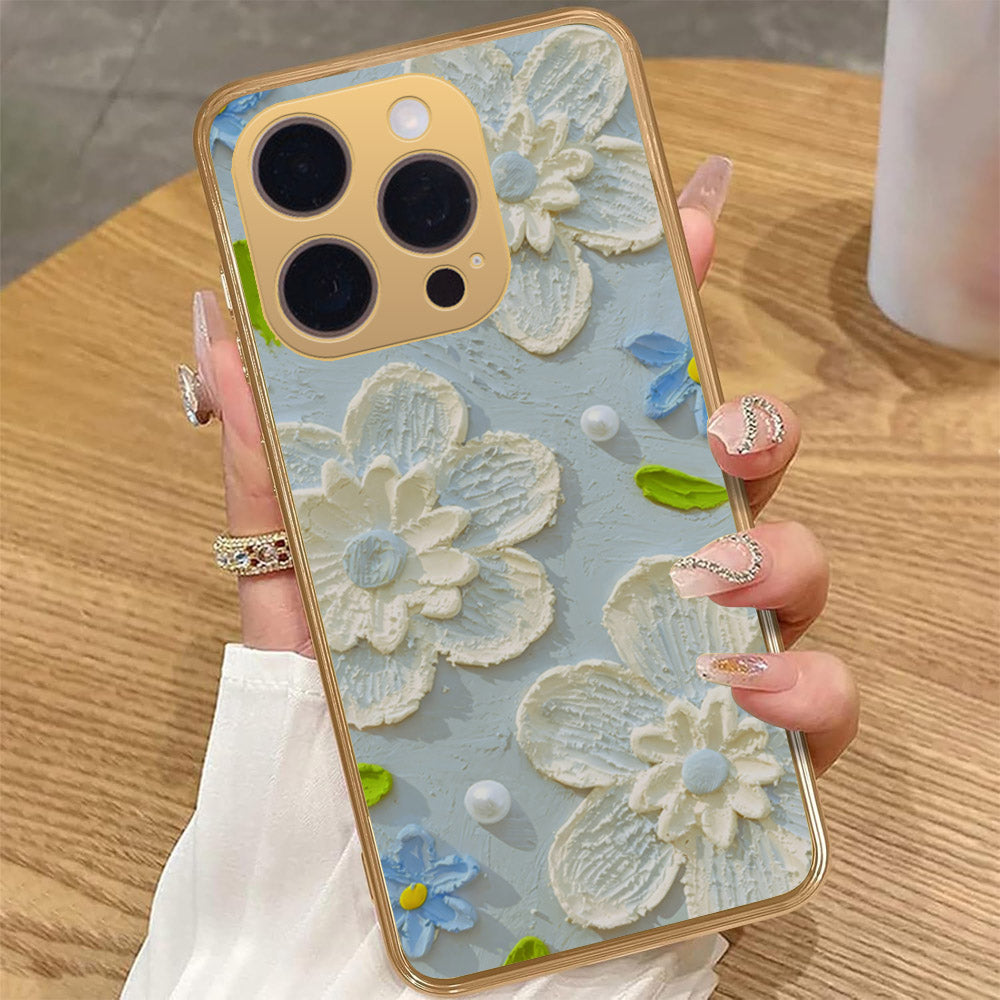 iPhone 15 Pro Max Cover - Floral Series - Design 3 - Sky Blue - HQ Premium Shine Durable Golden Electroplate Case