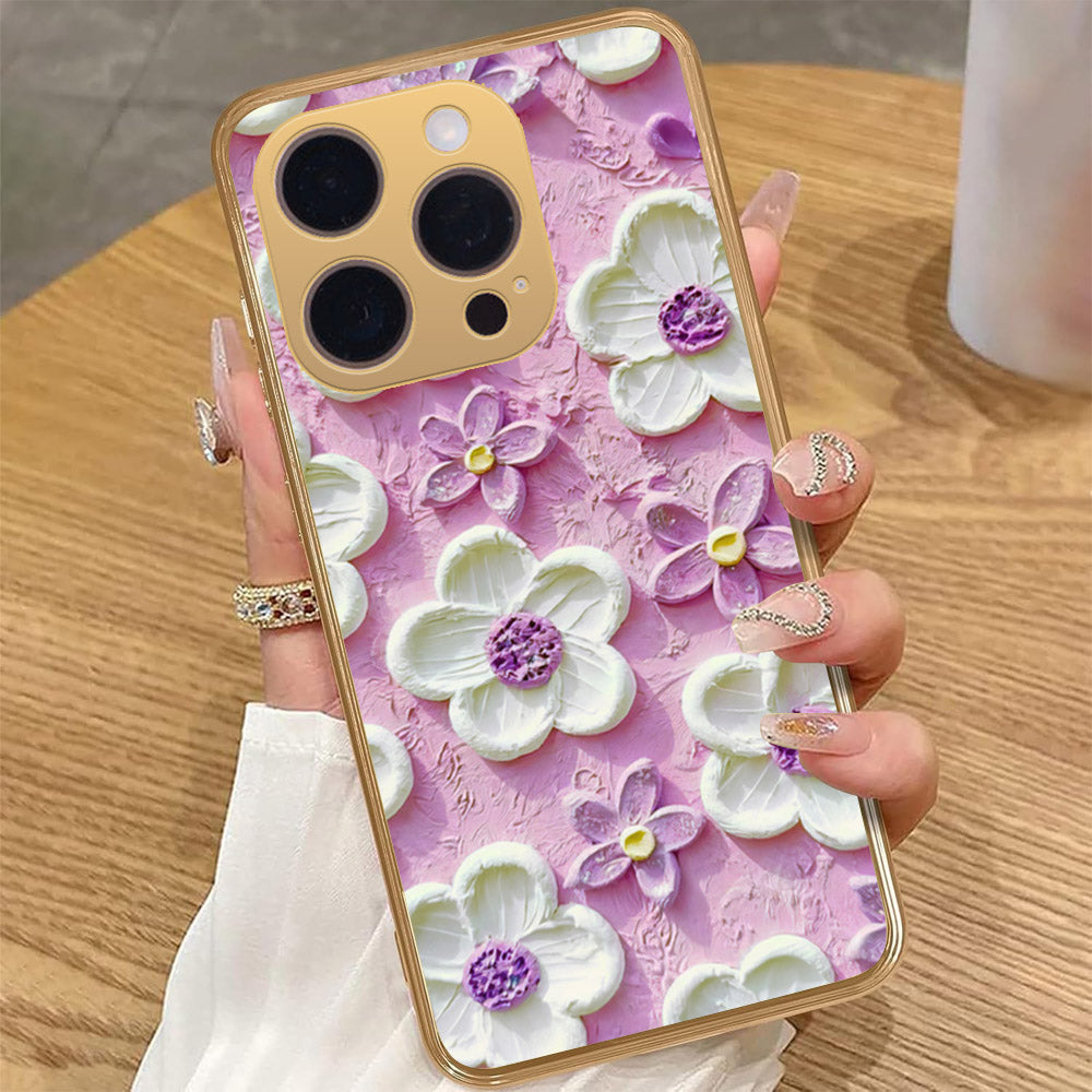 iPhone 13 Pro Max Cover - Floral Series - Design 4 - Purple & White - HQ Premium Shine Durable Golden Electroplate Case