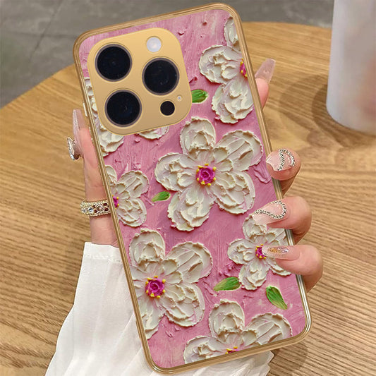 iPhone 16 Pro Max Cover - Floral Series - Design 5 - Pink & White - HQ Premium Shine Durable Golden Electroplate Case