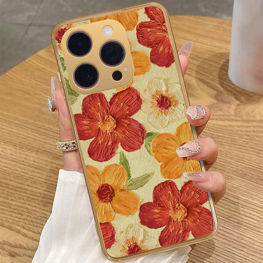 iPhone 13 Pro Max Cover - Floral Series - Design 6 - Red & Orange - HQ Premium Shine Durable Golden Electroplate Case