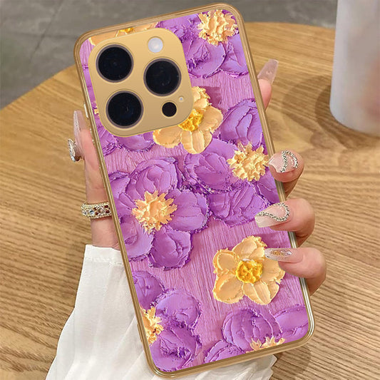 iPhone 15 Pro Max Cover - Floral Series - Design 8 - Purple & Yellow - HQ Premium Shine Durable Golden Electroplate Case