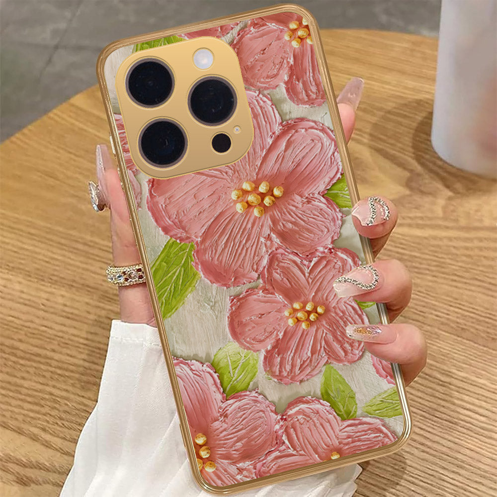 iPhone 14 Pro Max Cover - Floral Series - Design 9 - Pink & Green - HQ Premium Shine Durable Golden Electroplate Case