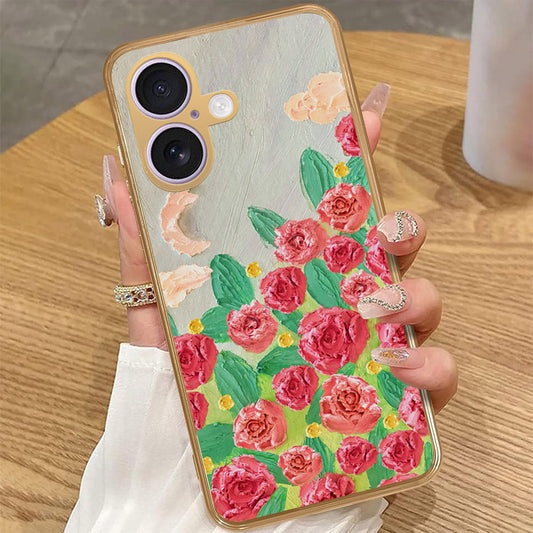 iPhone 16 Plus - Floral Series - Design 10 - Red & Green - HQ Premium Shine Durable Golden Electroplate Case