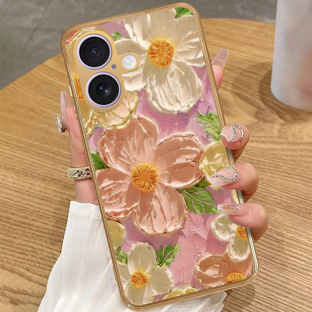 iPhone 16 - Floral Series - Design 11 - White & Green - HQ Premium Shine Durable Golden Electroplate Case