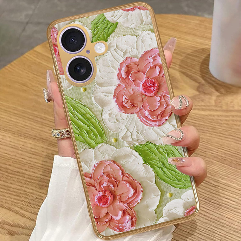 iPhone 16 Plus - Floral Series - Design 13 - Offwhite & Green - HQ Premium Shine Durable Golden Electroplate Case