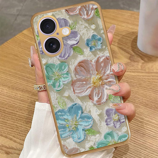 iPhone 16 - Floral Series - Design 14 - Blue & Purple - HQ Premium Shine Durable Golden Electroplate Case