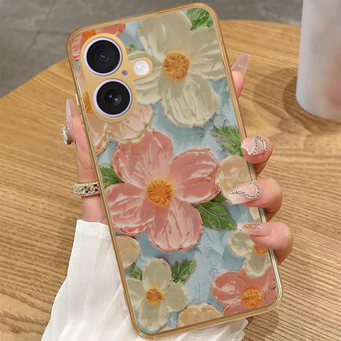 iPhone 16 Plus - Floral Series - Design 16 - Cyan & Pink - HQ Premium Shine Durable Golden Electroplate Case
