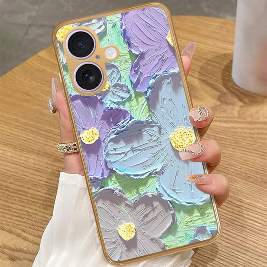 iPhone 16 - Floral Series - Design 1 - Purple & Aqua - HQ Premium Shine Durable Golden Electroplate Case