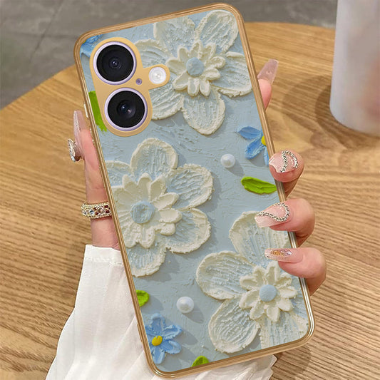 iPhone 16 - Floral Series - Design 3 - Sky Blue - HQ Premium Shine Durable Golden Electroplate Case