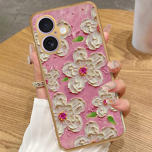 iPhone 16 - Floral Series - Design 5 - Pink & White - HQ Premium Shine Durable Golden Electroplate Case