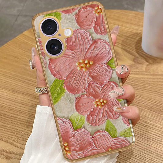 iPhone 16 - Floral Series - Design 9 - Pink & Green - HQ Premium Shine Durable Golden Electroplate Case