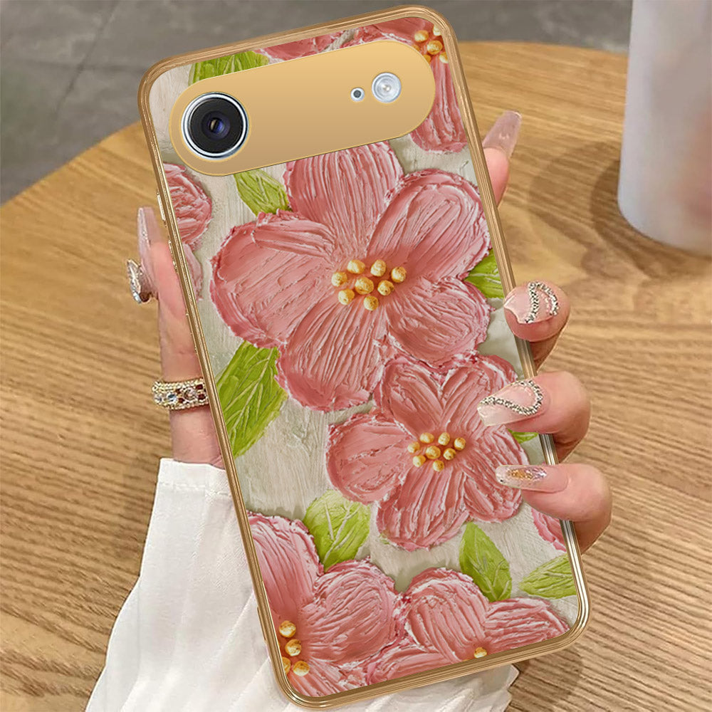 iPhone 17 Air - Floral Series - Design 9 - Pink & Green - HQ Premium Shine Durable Golden Electroplate Case