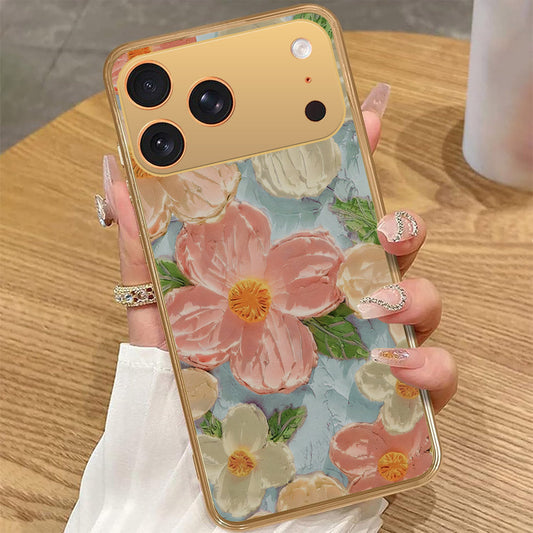 iPhone 17 Pro Max - Floral Series - Design 16 - Cyan & Pink - HQ Premium Shine Durable Golden Electroplate Case