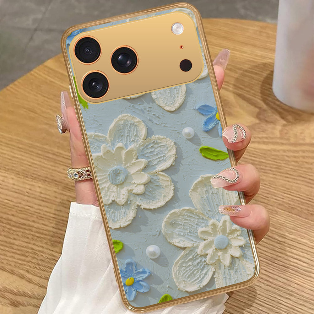 iPhone 17 Pro Max - Floral Series - Design 3 - Sky Blue - HQ Premium Shine Durable Golden Electroplate Case