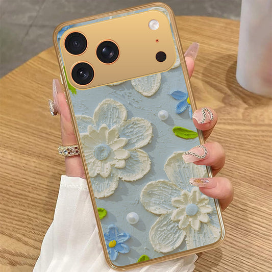 iPhone 17 Pro Max - Floral Series - Design 3 - Sky Blue - HQ Premium Shine Durable Golden Electroplate Case