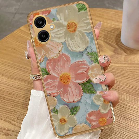 Samsung Galaxy A06 - Floral Series - Design 16 - Cyan & Pink - HQ Premium Shine Durable Golden Electroplate Case (Fast Delivery)(AH)