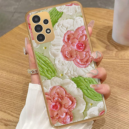 Samsung Galaxy A32 - Floral Series - Design 13 - Offwhite & Green - HQ Premium Shine Durable Golden Electroplate Case