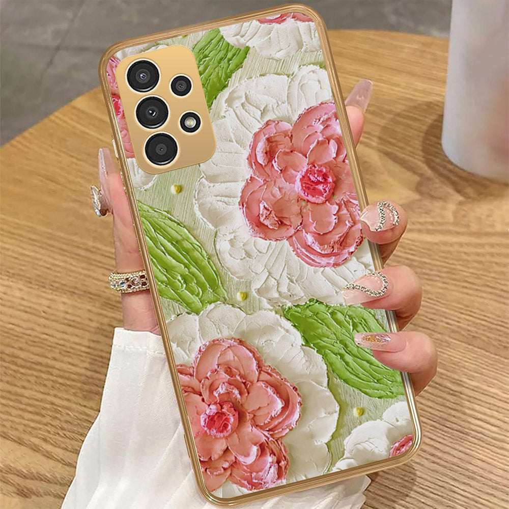 Samsung Galaxy A33 5G - Floral Series - Design 13 - Offwhite & Green - HQ Premium Shine Durable Golden Electroplate Case