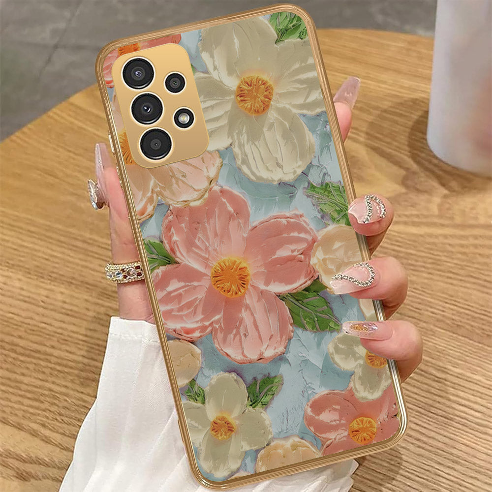 Samsung Galaxy A23 Cover - Floral Series - Design 16 - Cyan & Pink - HQ Premium Shine Durable Golden Electroplate Case