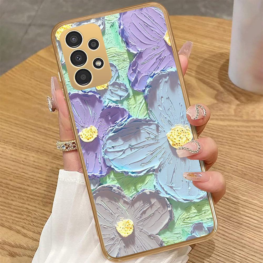 Samsung Galaxy A33 5G - Floral Series - Design 1 - Purple & Aqua - HQ Premium Shine Durable Golden Electroplate Case