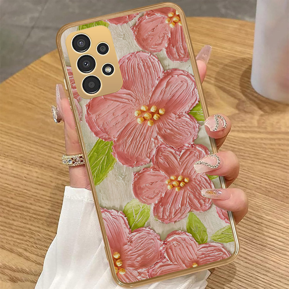 Samsung Galaxy A72 Cover - Floral Series - Design 9 - Pink & Green - HQ Premium Shine Durable Golden Electroplate Case