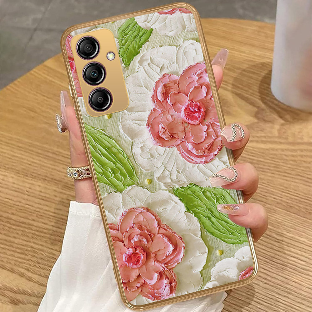 Samsung Galaxy A14 - Floral Series - Design 13 - Offwhite & Green - HQ Premium Shine Durable Golden Electroplate Case