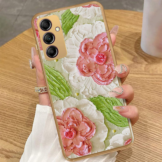 Samsung Galaxy A14 - Floral Series - Design 13 - Offwhite & Green - HQ Premium Shine Durable Golden Electroplate Case