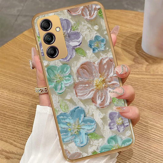 Samsung Galaxy A14 - Floral Series - Design 14 - Blue & Purple - HQ Premium Shine Durable Golden Electroplate Case