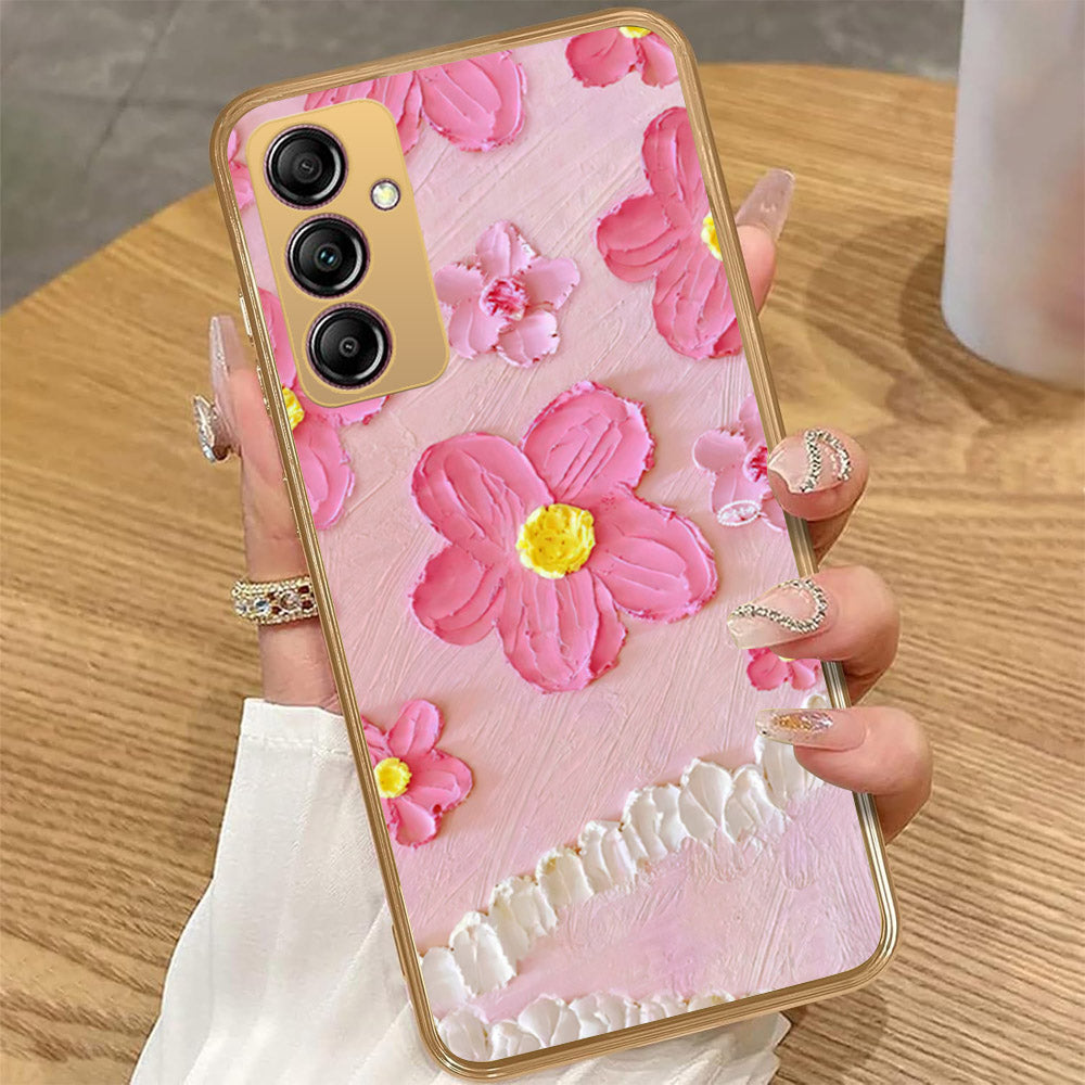 Samsung Galaxy A14 - Floral Series - Design 2 - Pink - HQ Premium Shine Durable Golden Electroplate Case