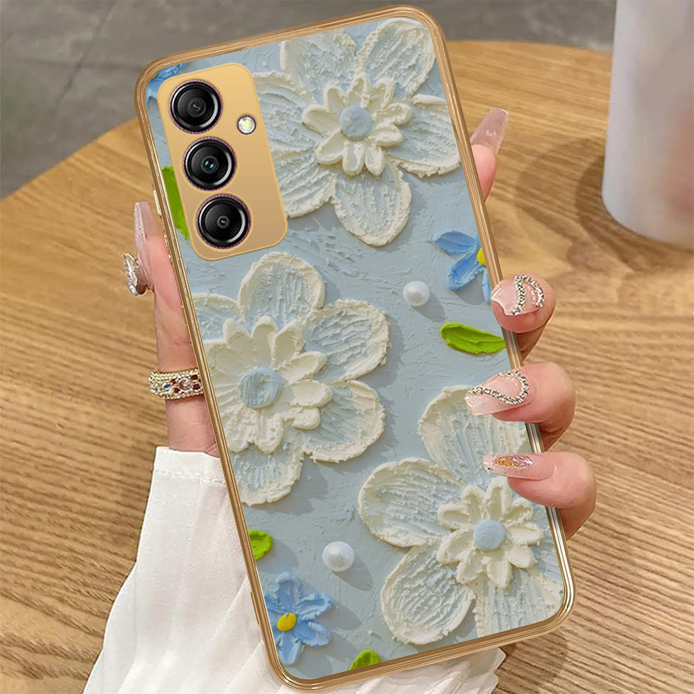 Samsung Galaxy A14 - Floral Series - Design 3 - Sky Blue - HQ Premium Shine Durable Golden Electroplate Case