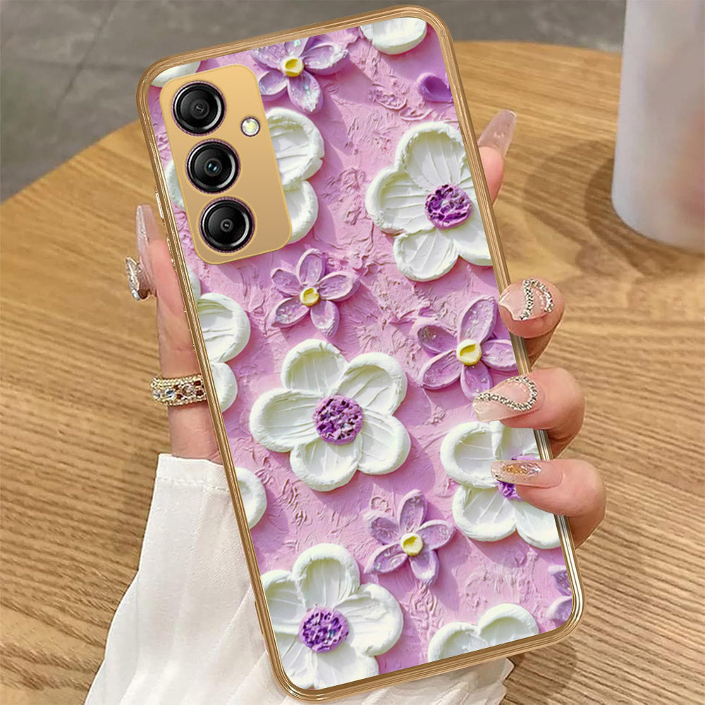 Samsung Galaxy A14 - Floral Series - Design 4 - Purple & White - HQ Premium Shine Durable Golden Electroplate Case