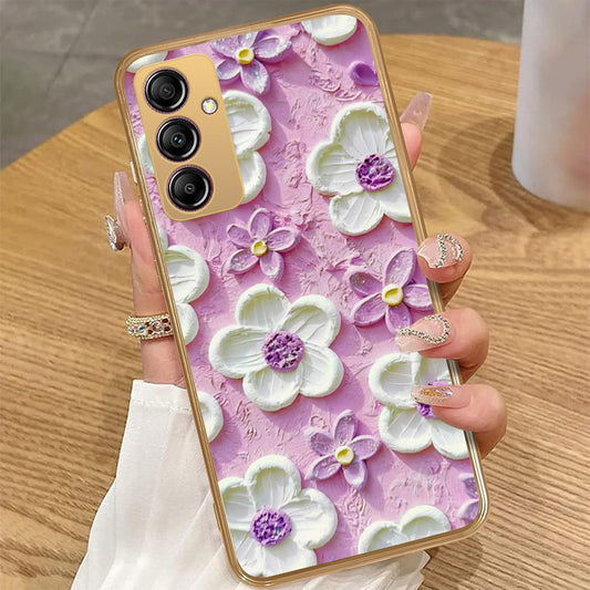 Samsung Galaxy A14 - Floral Series - Design 4 - Purple & White - HQ Premium Shine Durable Golden Electroplate Case