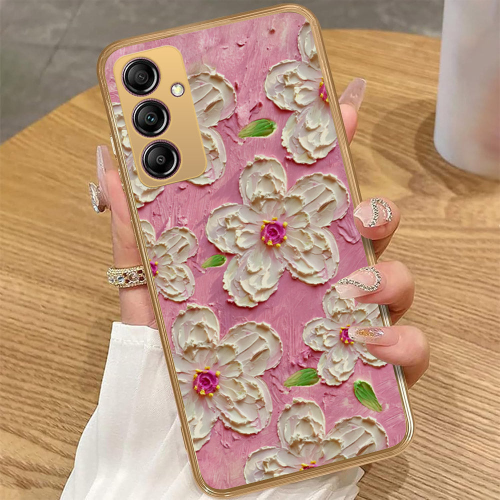 Samsung Galaxy A14 - Floral Series - Design 5 - Pink & White - HQ Premium Shine Durable Golden Electroplate Case