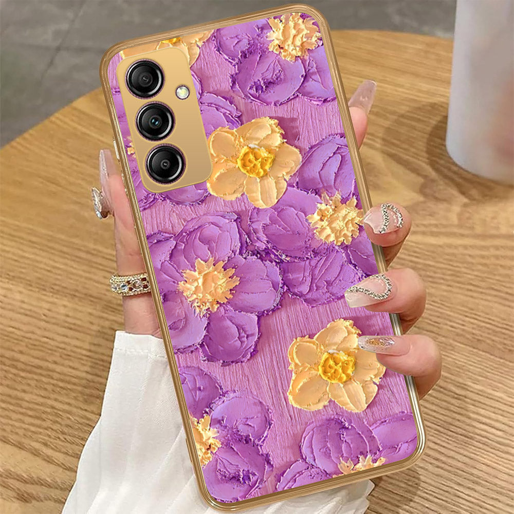 Samsung Galaxy A14 - Floral Series - Design 8 - Purple & Yellow - HQ Premium Shine Durable Golden Electroplate Case