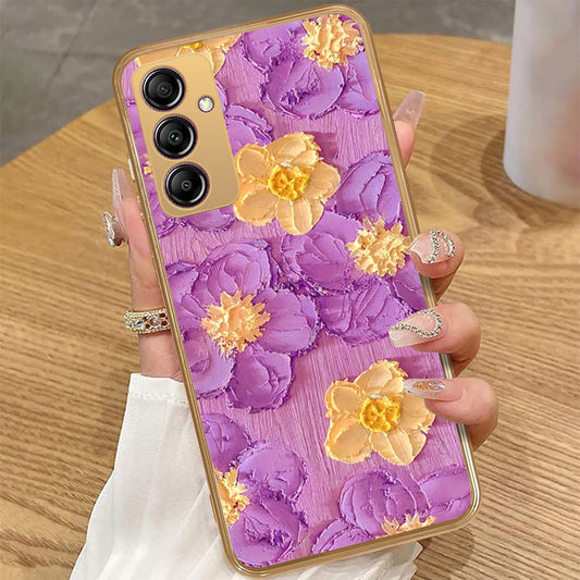 Samsung Galaxy A14 - Floral Series - Design 8 - Purple & Yellow - HQ Premium Shine Durable Golden Electroplate Case