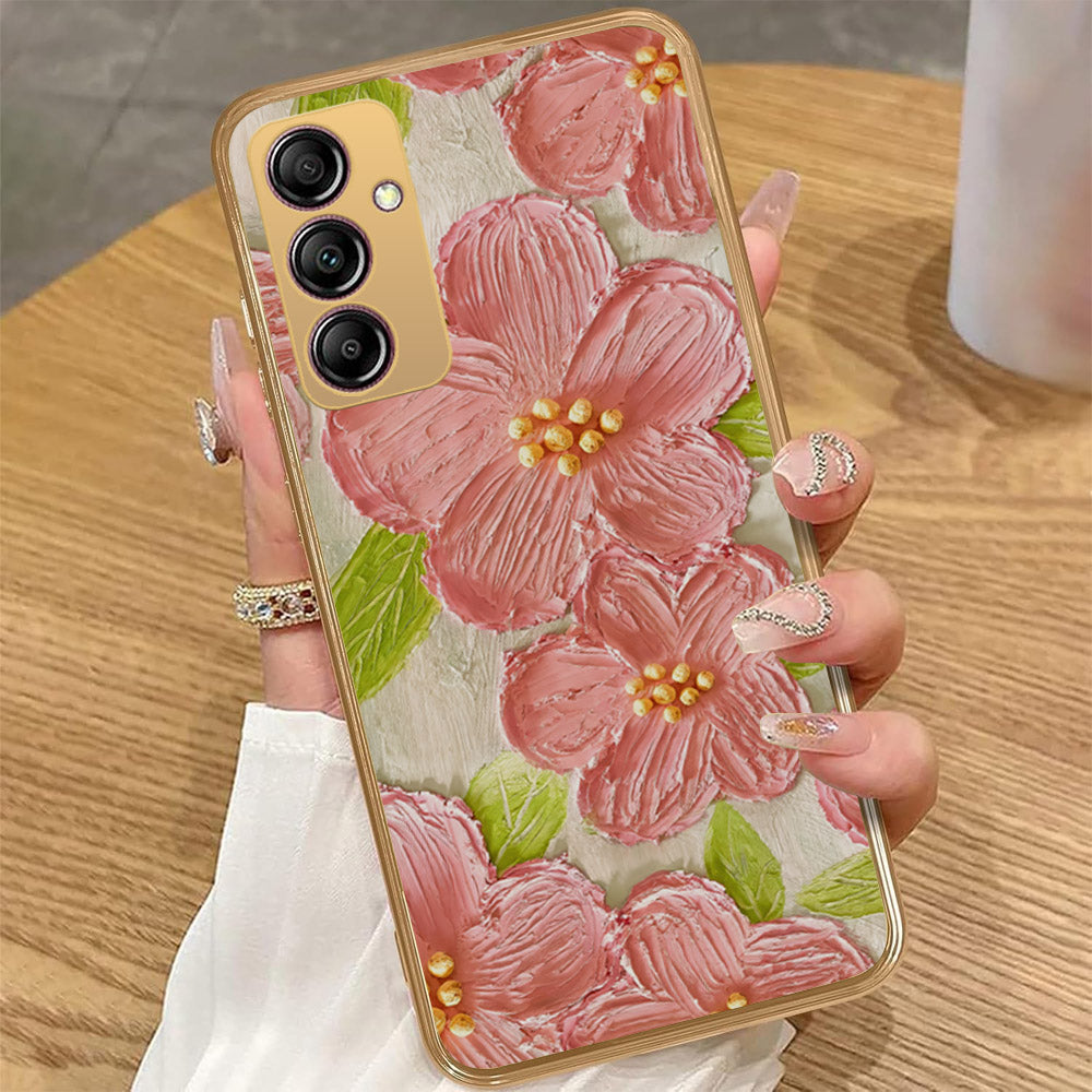 Samsung Galaxy A14 - Floral Series - Design 9 - Pink & Green - HQ Premium Shine Durable Golden Electroplate Case