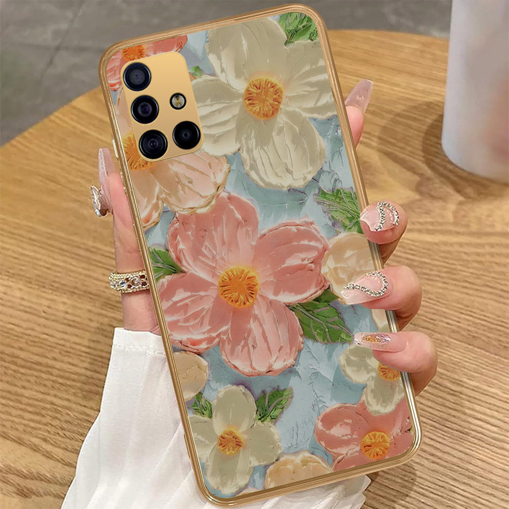 Samsung Galaxy A71 - Floral Series - Design 16 - Cyan & Pink - HQ Premium Shine Durable Golden Electroplate Case